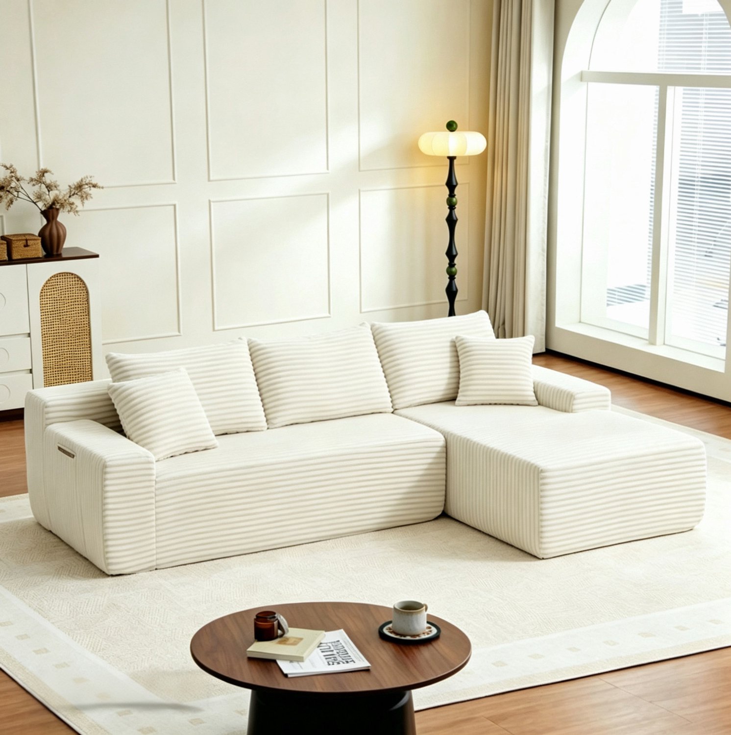 STILVORA Hoekbank 239 x 156 x 79 cm - Modulaire L-Vorm Met Rechterhoek - Zonder Montage - Voor Woonkamer En Slaapkamer - Ribstof - Beige