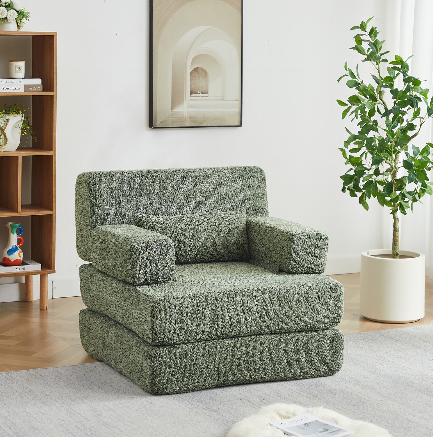 MODENUIT Slaapbank 90 x 90 x 80 cm - Omklapbaar en Modulair - Voor Woonkamer en Slaapkamer - Chenille - Groen