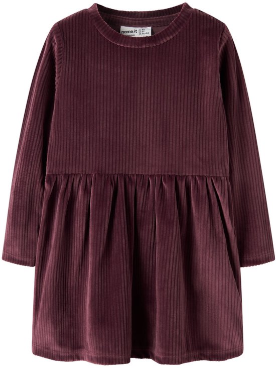 Paarse corduroy jurk met lange mouwen, ronde hals en geplooide rok, inclusief 'name it' label.