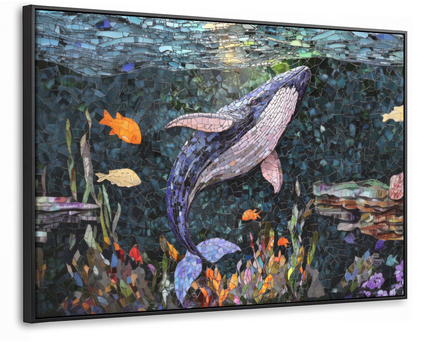 Canvas Schilderij met Baklijst XXL Canvas Schilderij met Baklijst 150x100cm - Mozaïek - Walvis - Koraal - Water - Muurdecoratie woonkamer - Slaapkamer decoratie - Kamer accessoires - Schilderijen op canvas met lijst groot