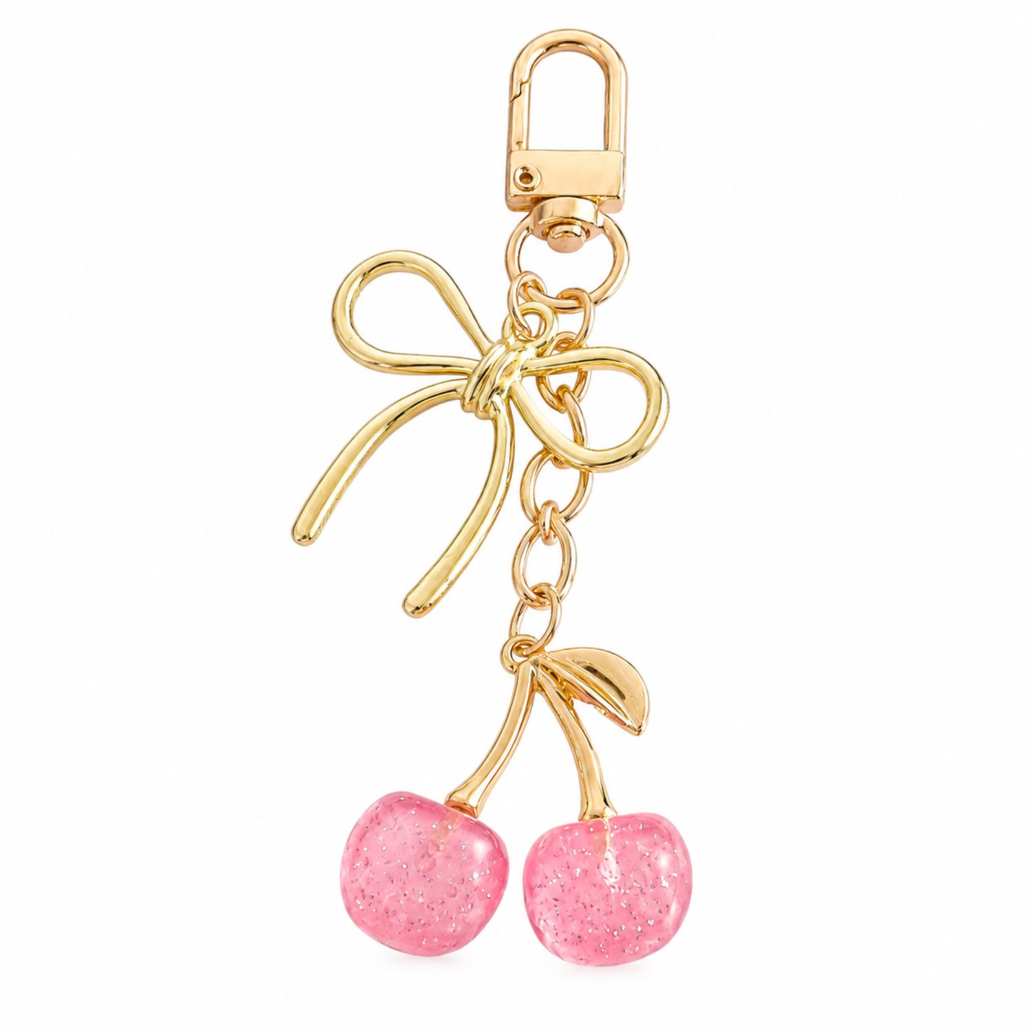 Sleutelhanger met roze kersen en goudkleurige strik - Tashanger met clip en korte ketting