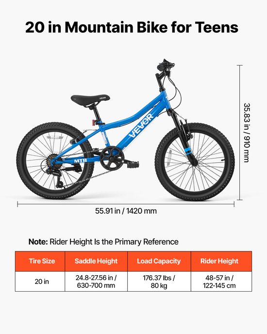 VEVOR Mountainbike 20 inch 6-Versnellingsfiets van Koolstofstaal, Blauw, voor Recreatief Fietsen en Lichte Offroad-Tochten, Draagvermogen van 80 Kg, Bel, Verstelbaar Zadel, Bevestigingspunt voor Verlichting en Dubbele Remmen — afbeelding 3