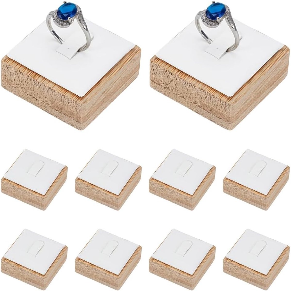 Set van 10 Bamboe Ringen Displaystandaards, Witte Faux Leren Ringhouders voor Sieraden, Perfect voor Verkoop, Etalage en Fotografie