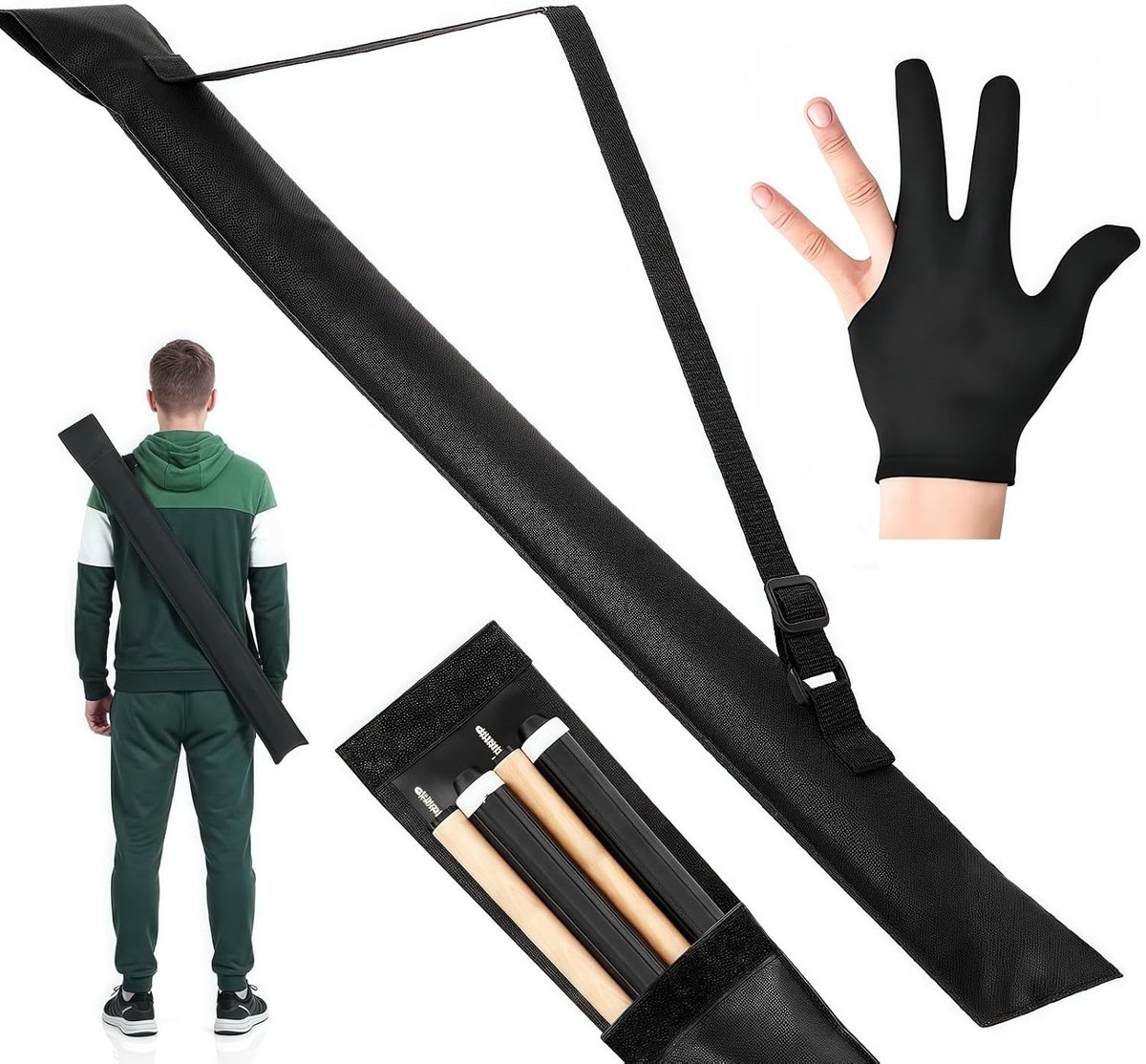 Draagbare biljartkeu tas en handschoen, geschikt voor 1/2 snooker biljartstokken, ideaal voor opslag en transport van biljartaccessoires