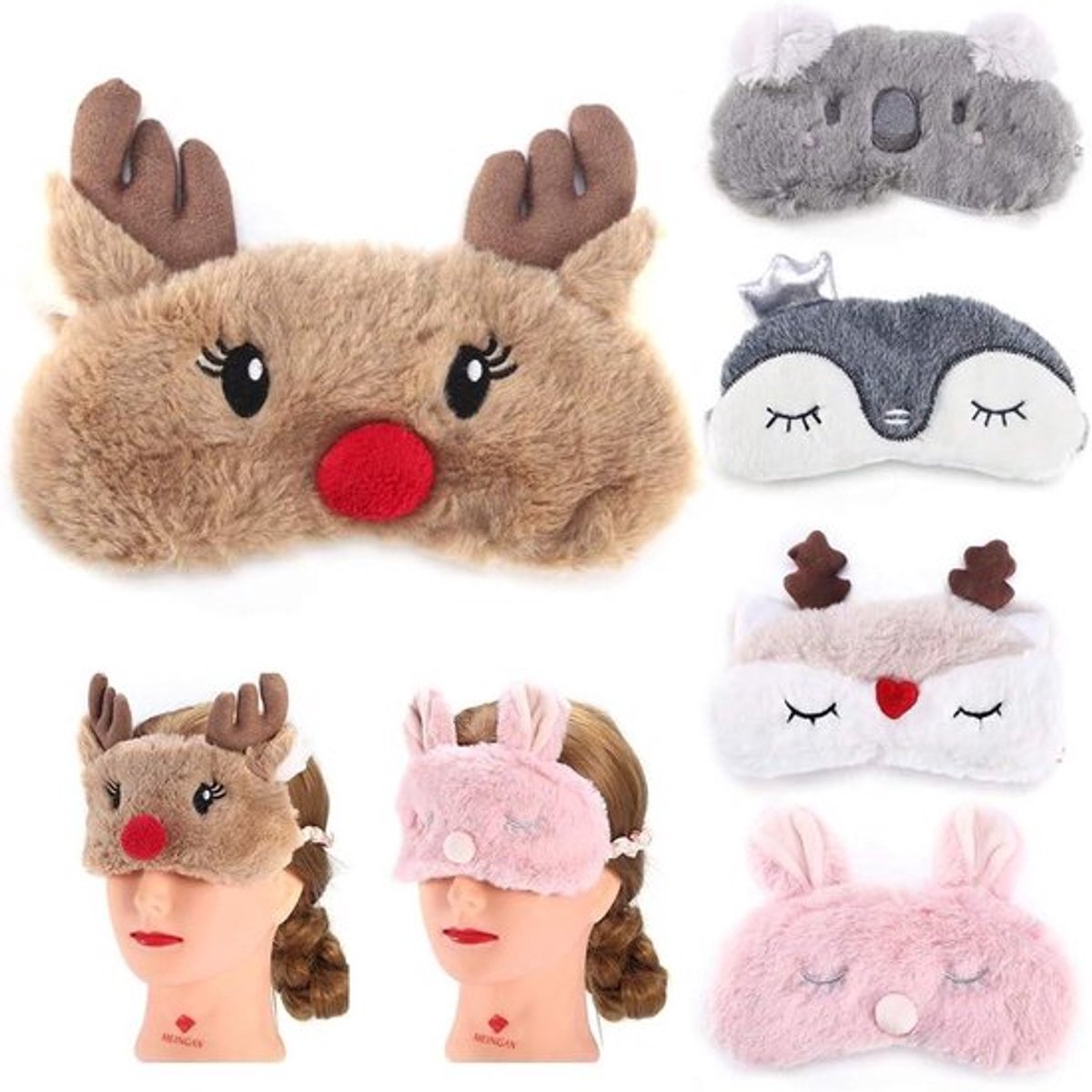 Allecto Plus - Slaapmasker met kerstdieren voor kinderen tegen licht - Geschikt