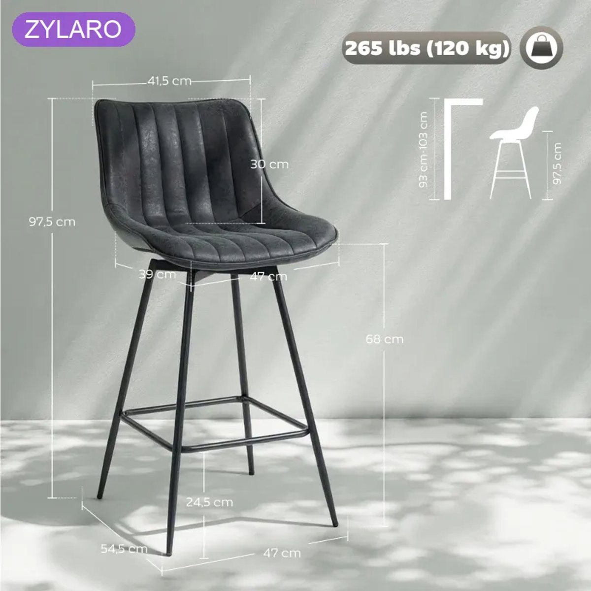 ZYLARO Barkruk - Set Van 2 - 68 cm - Draaibare Tegenkrukken Met Rugleuning - Voor Keukeneiland En Eetkamer - Zwart