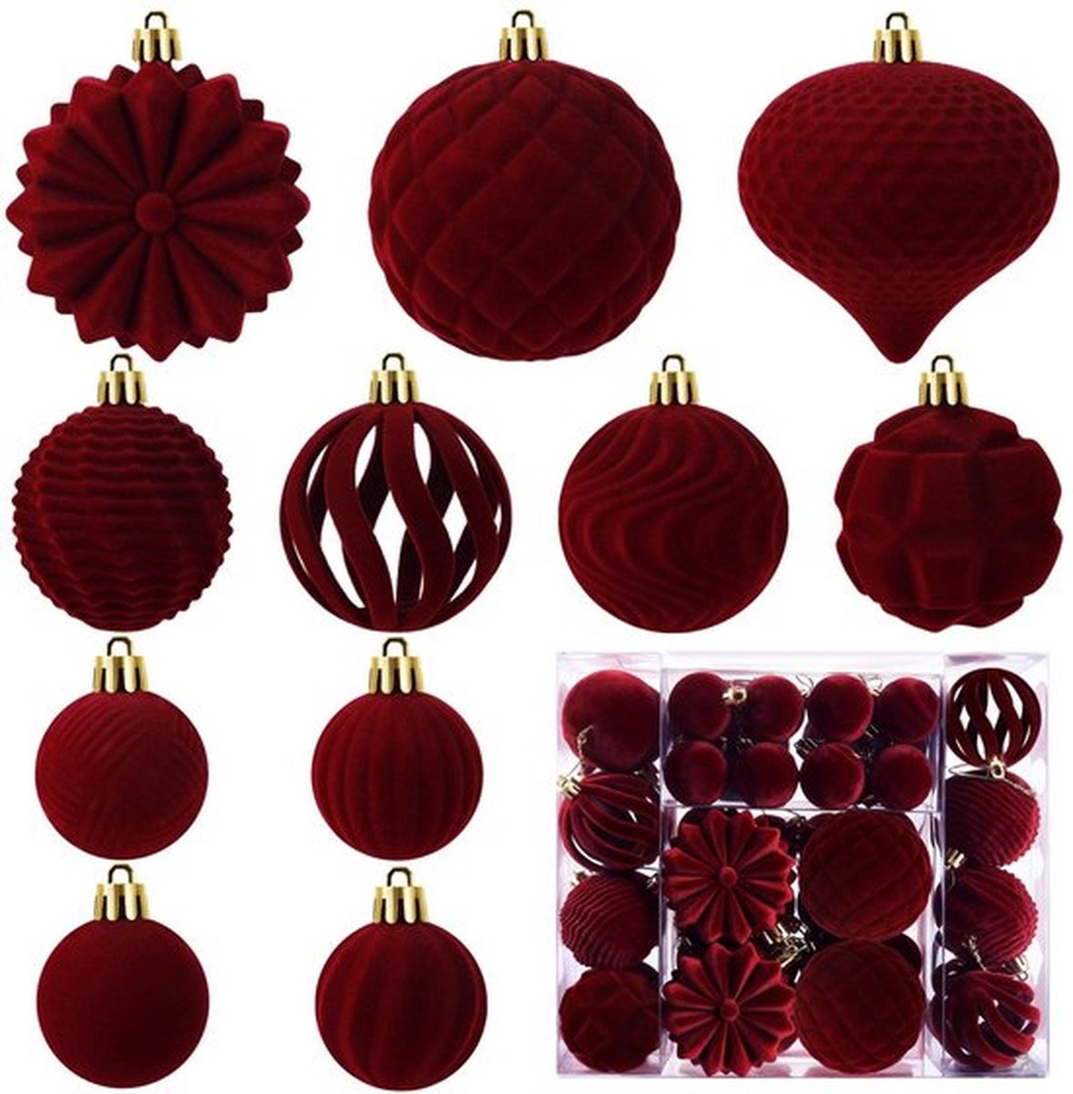 48 Stuks Fluwelen Kerstballen voor Kerstboomversiering | Vlokkige Kerstboomversiering, Onbreekbare Hangende Kerstballen voor Kerstboom, Huisdecoratie, Feestdagen, Bruiloften en Feesten (Bourgogne)