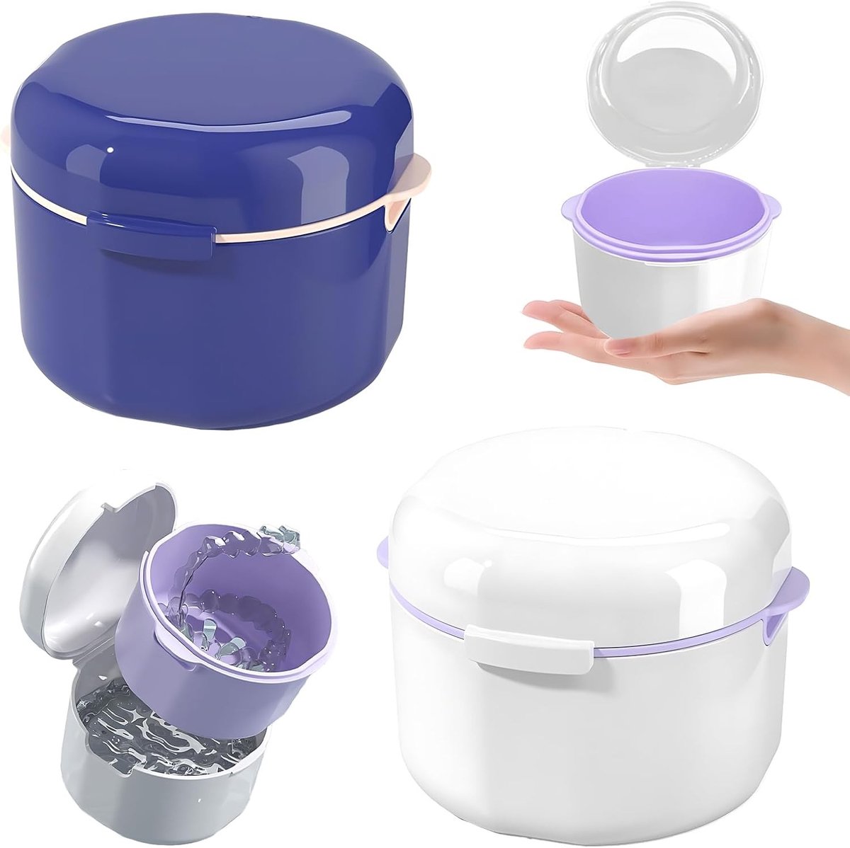 Set van 2 Kunstgebitdozen met Wasmand - Wit - 9,6 x 8,8 x 7 cm - Milieuvriendelijk Materiaal - Voor Reizen en Thuis