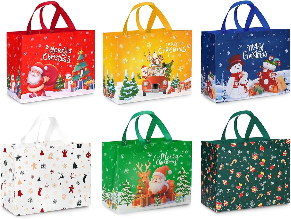 Grote herbruikbare cadeauzakjes voor Kerstmis - 6 stuks, ideaal voor geschenken, verpakkingen en boodschappen, 32,5 x 25 x 17 cm