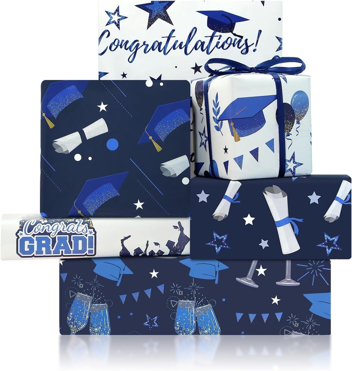 Blauw en Wit Afstudeer Inpakpapier, 6 Vellen van 50 x 70 cm, Inclusief Blauw Lint voor Ceremonie, Feest en Decoraties voor Afstuderen en Class Celebrations