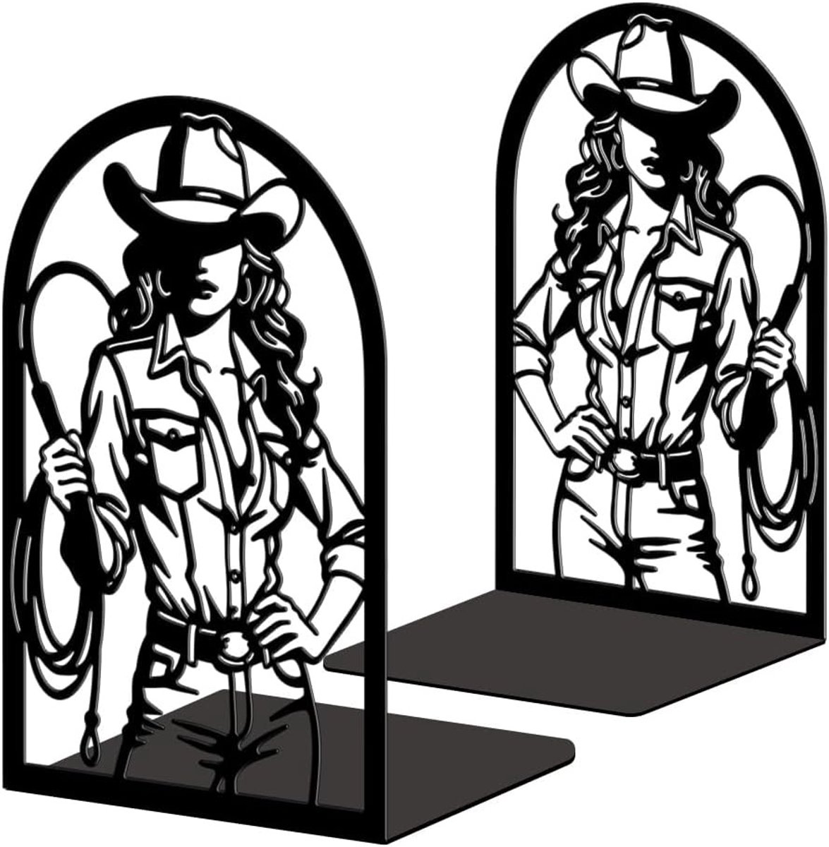 Set van 2 metalen boekensteunen in cowgirl stijl met hoed en zweep, antislip stickers voor boeken, slaapkamer, bibliotheek en kantoordecoratie