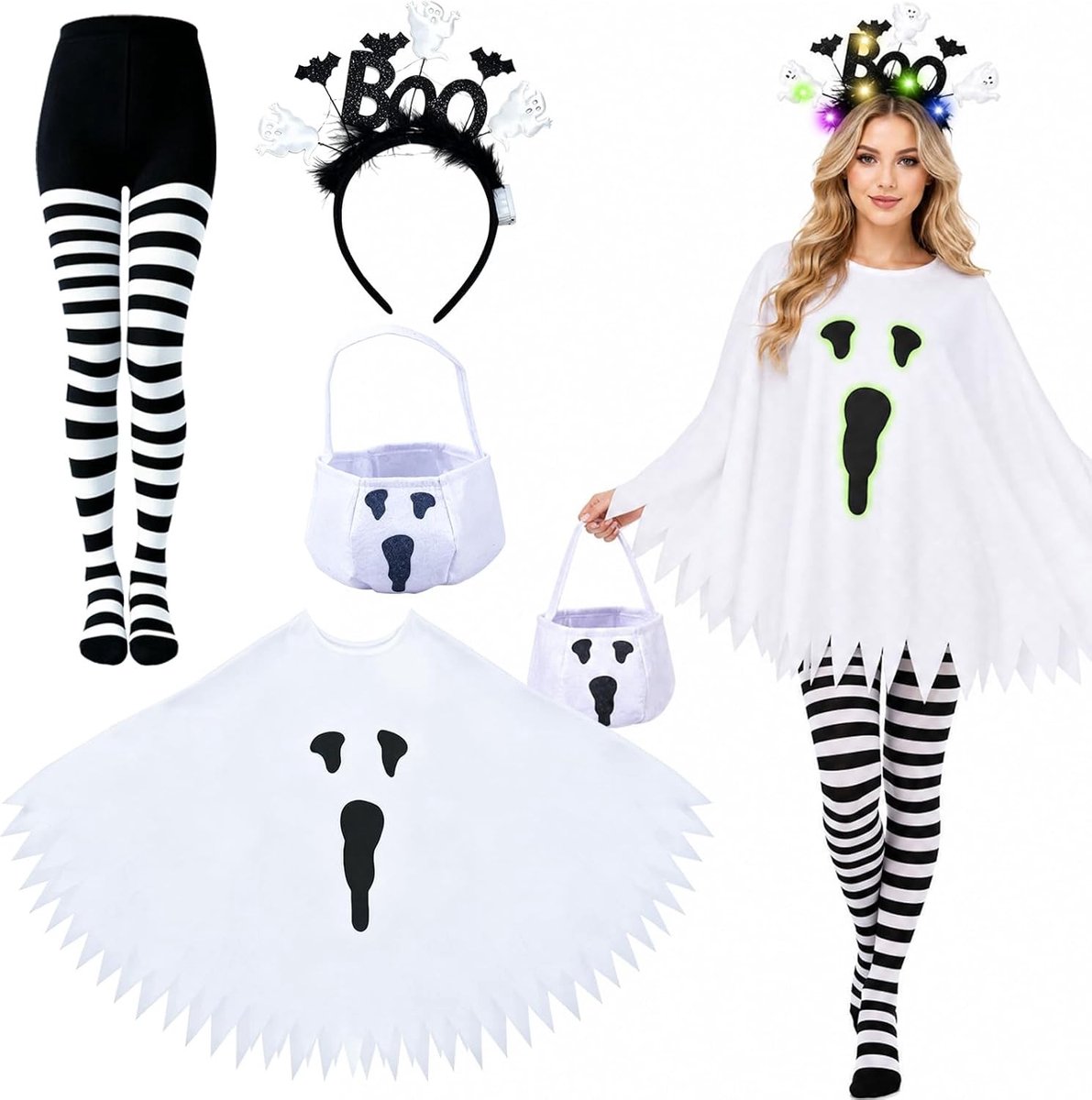 Halloween kostuum voor dames - 4 stuks lichtgevende geesten, cape en spookkostuum voor carnaval en cosplay evenementen