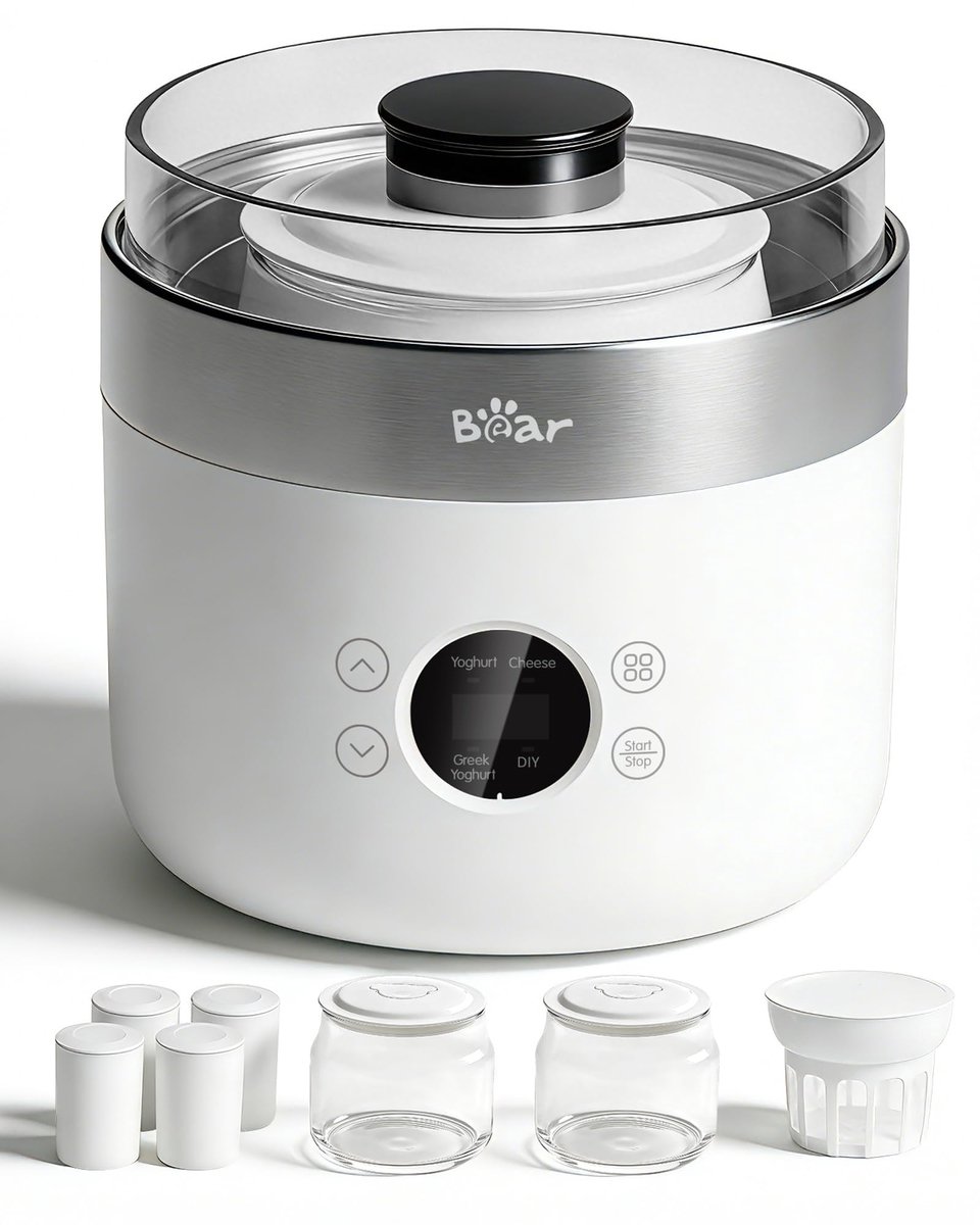 Yoghurtmaker met 2 glazen bakken, multifunctionele yoghurtmachine voor Griekse yoghurt en kaas, 4 programma's, LED display, 2L capaciteit