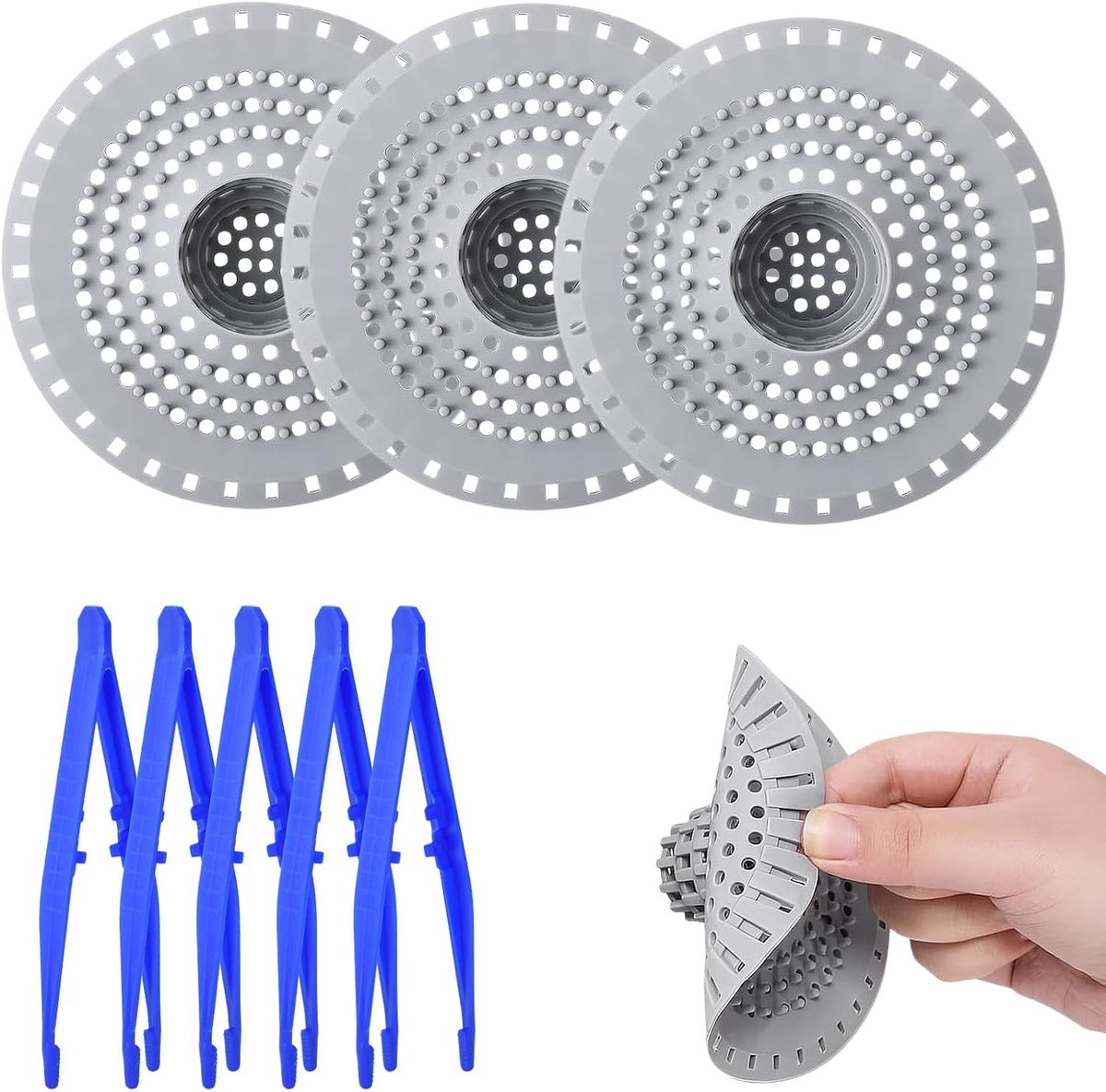 Effectieve Silicone Afvoerbescherming voor Douche, Haarfilter en Afvoerbescherming met 5 Pincetten, Hoogwaardige Filters voor Wastafel en Keukenspoel, Set van 3