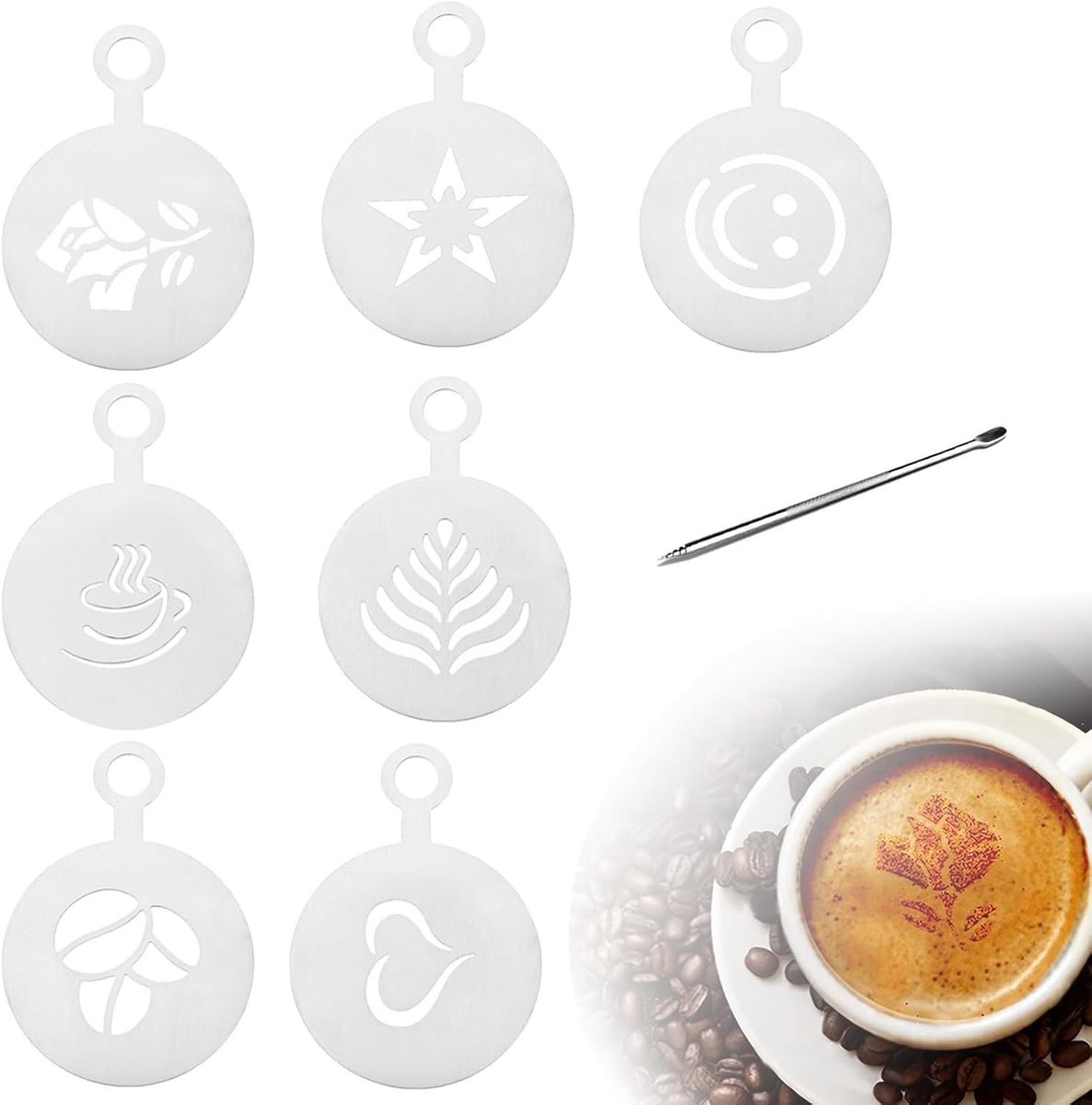 Complete Set van 7 Koffieaccessoires met Latte Art Sjablonen en RVS Decoratiegereedschap voor Perfecte Koffiecreaties