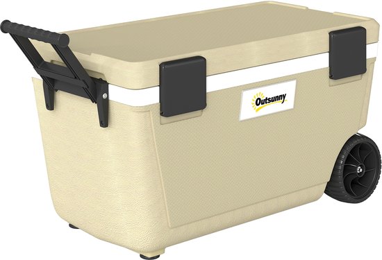 Bruine koelbox op wielen met gesloten deksel en een Outsunny logo.
