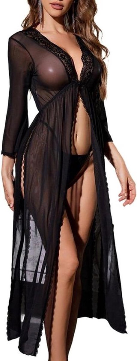 Lange dames nachtjurk kant met zijsplit en tanga - Lingerie - Nachtmode - Zwarte