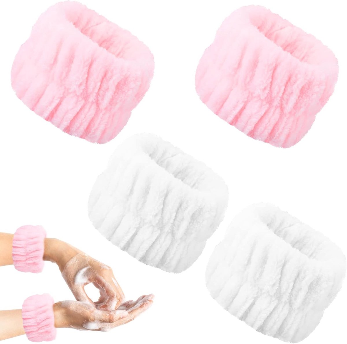 Fluffy en Elastic Absorbente Polsbanden voor Vrouwen - Voorkom Vloeistofoverlast bij Gezichtsreiniging (Roze en Wit) - Ideaal voor Schoonmaken en Verzorging