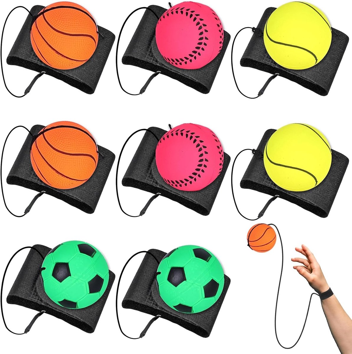 Set van 8 Springballen met Koord - Handtrainer voor Kinderen, Stressverlichting en Motoriekontwikkeling, Diameter 6 cm