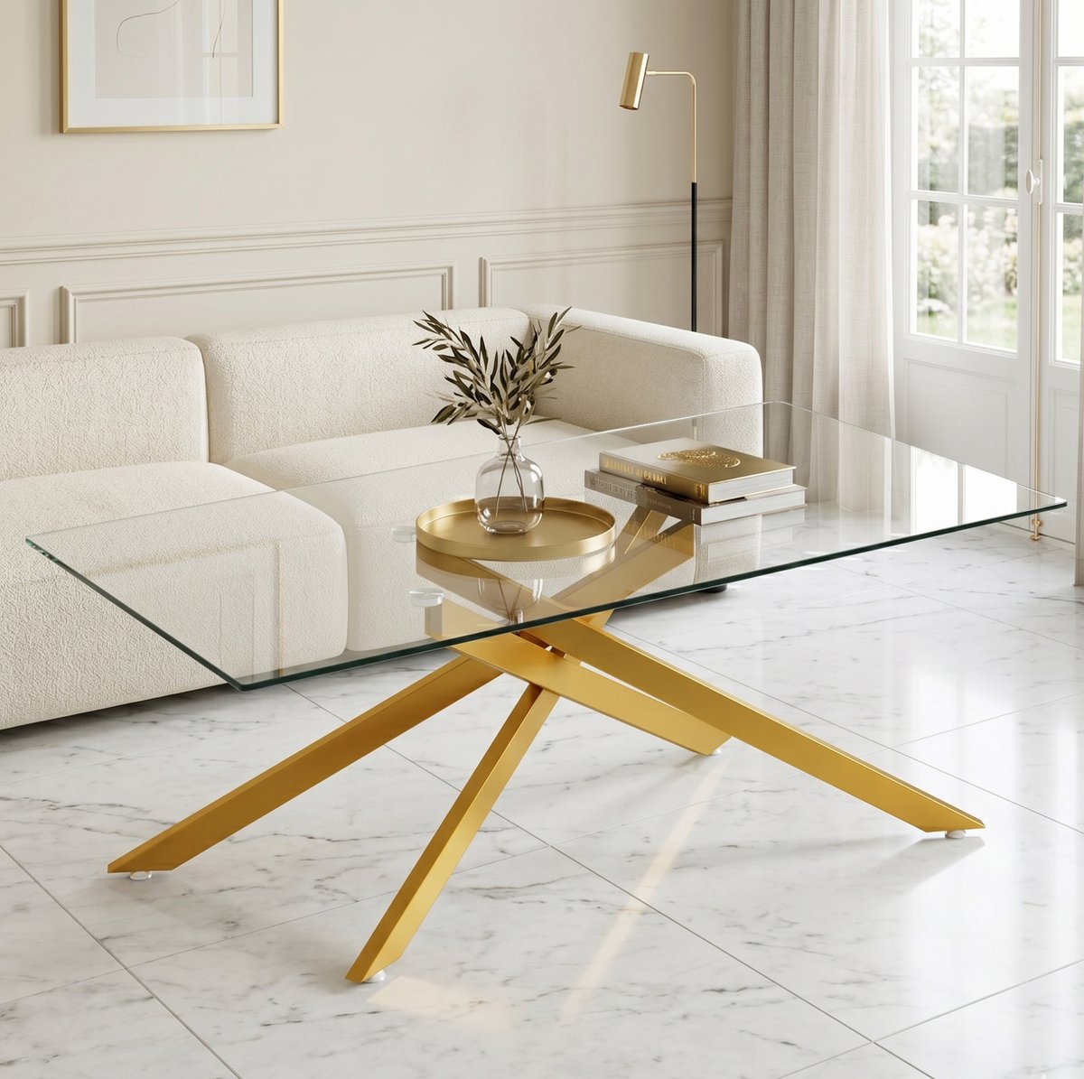 MODENUIT Salontafel - Gehard Glazen Blad - Voor Woonkamer En Lounge - Metaal En Glas - Goud - 120x60x46 Cm