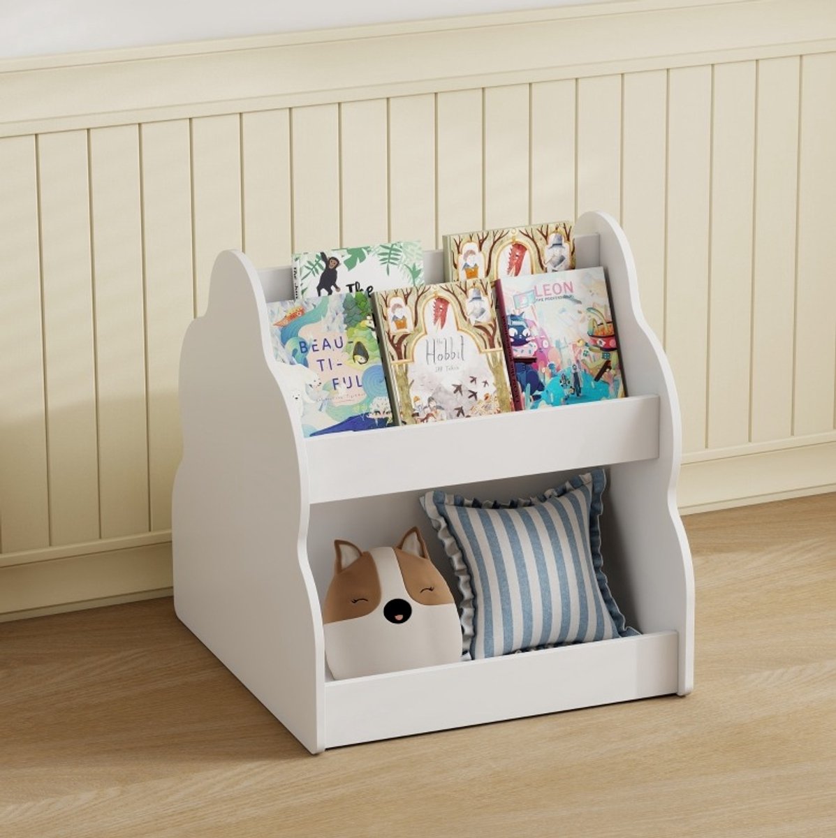 MODFU - Kinderboekenkast - Tweezijdig - Met Wielen - Open Kast - Hout - Wit - 54 X 50 X 56 Cm