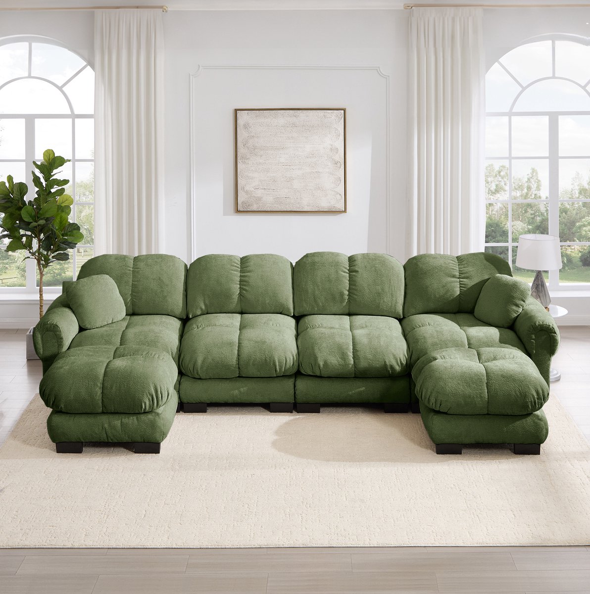Wishdor U-bank - 4-zits modulair - Met 2 verplaatsbare ottomanen en gestikte kussens - Modern design - Woonkamer - Chenille stof - Groen - 330 x 149 x 90 cm