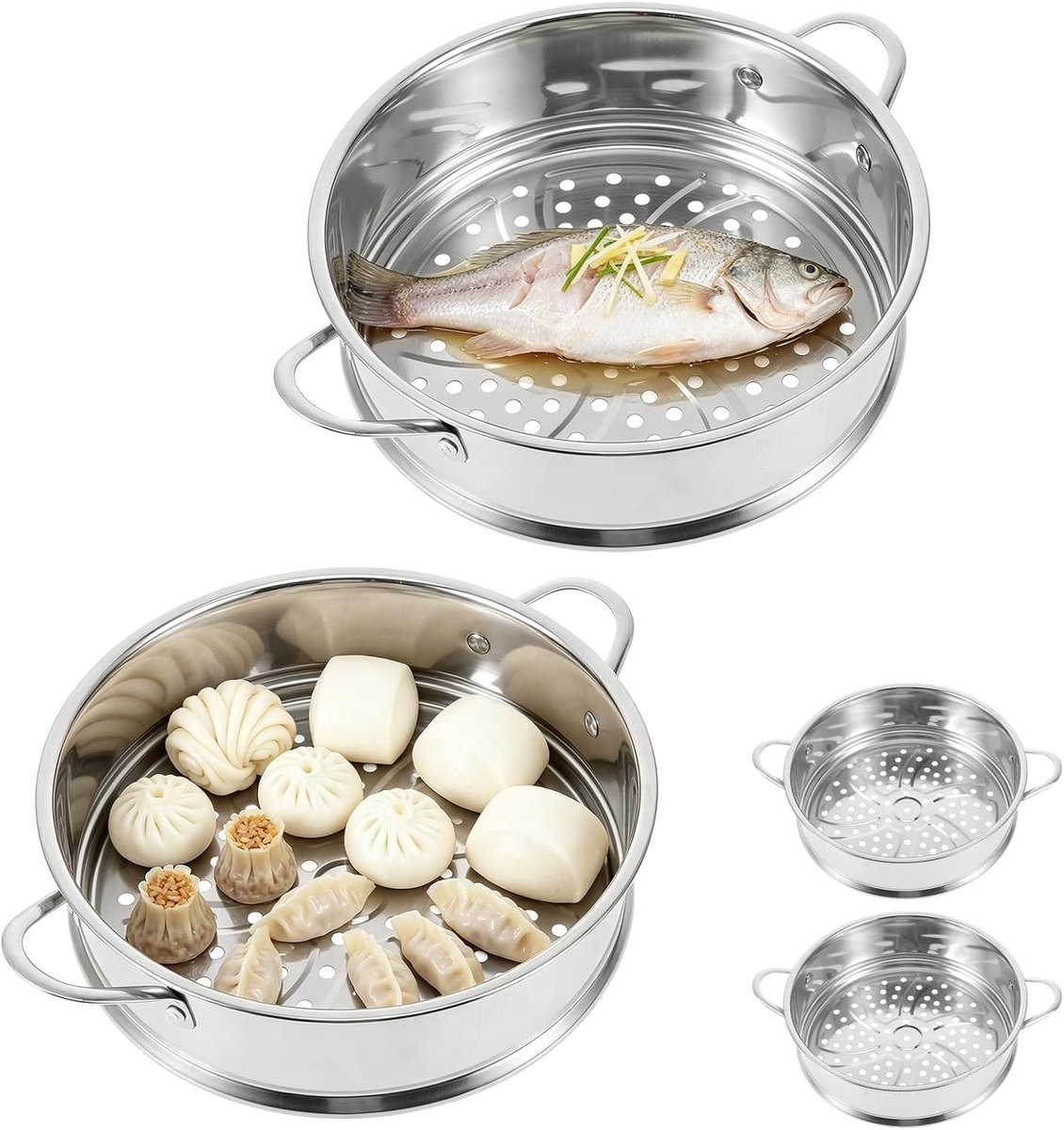 Set van 2 Stoompannen 20 cm van 304 RVS, Ideaal voor Groenten, Eieren en Fruit, Gezond en Duurzaam, Vaatwasserbestendig