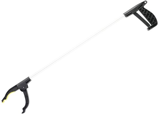 Lange aluminium grijper met een zwart handvat en een grijpermechanisme met gele accenten.