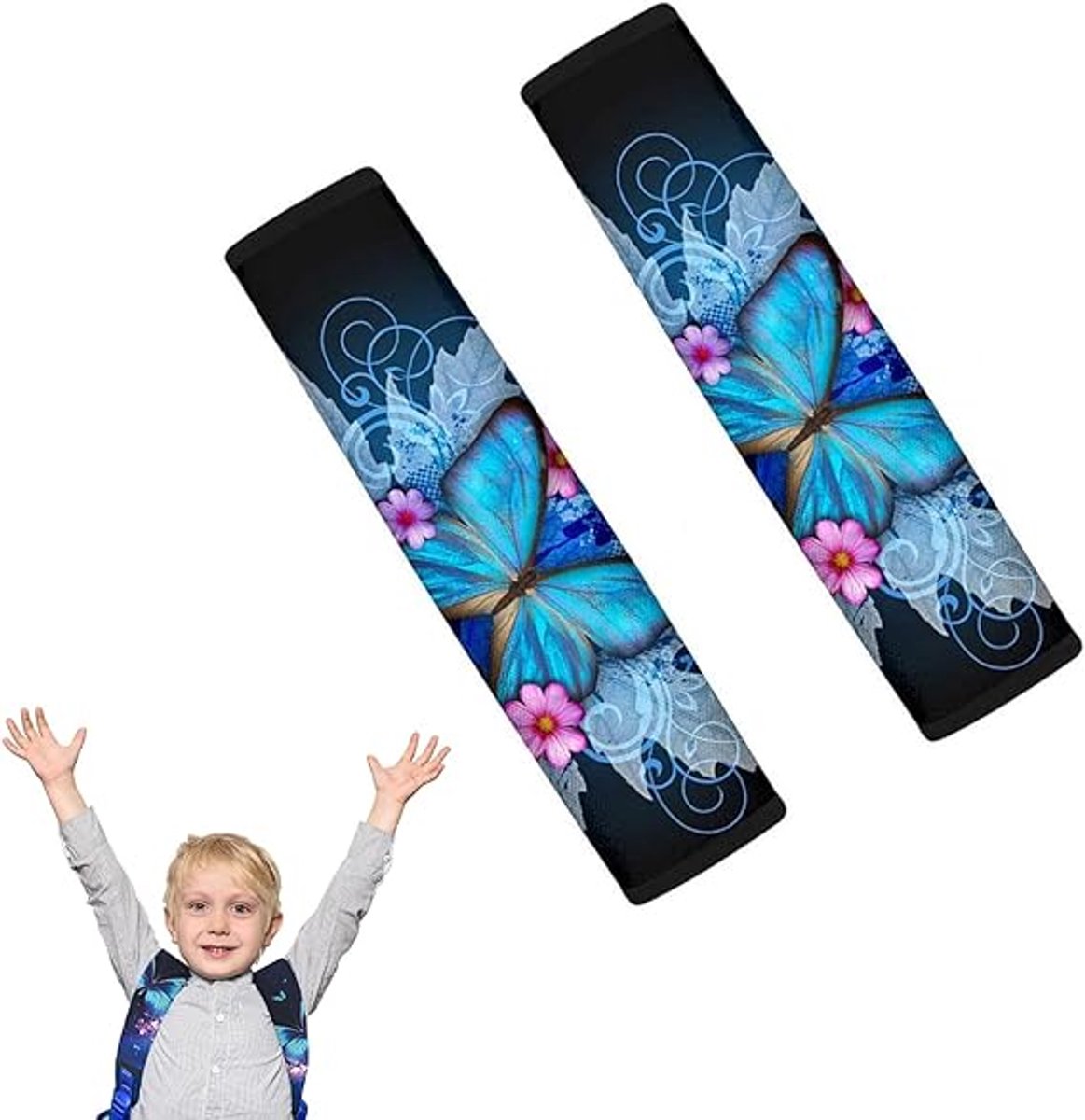 Autogordelbeschermer, afneembaar autogordelkussen voor volwassenen en kinderen, beschermt nek/schouders, grote blauwe vlinder/bloem schouderhoes, 2 stuks