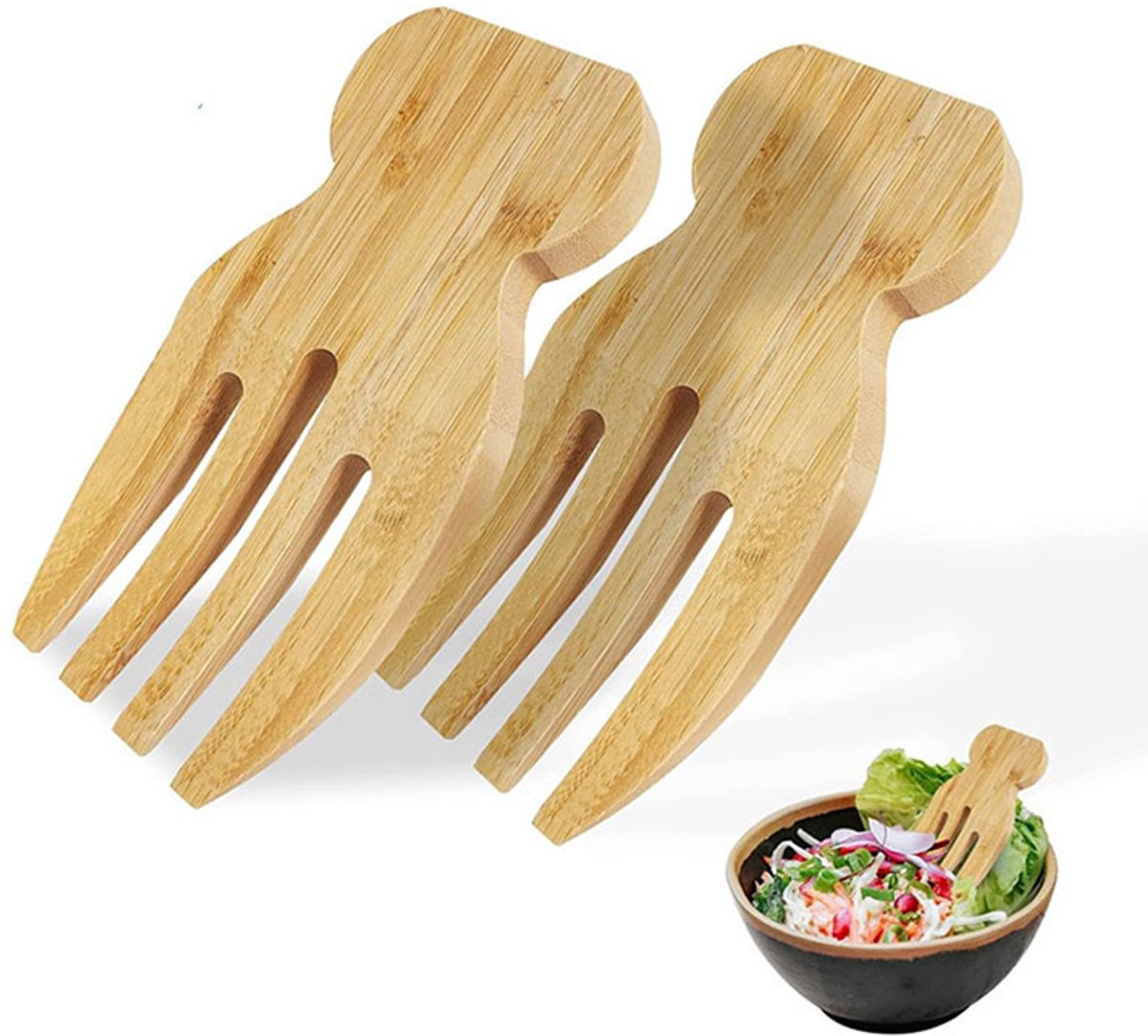 Bamboe slacouvert - set van 2 saladebestekken voor het mengen en serveren van salade, handgemaakt keukengerei in klauwvorm voor de keuken
