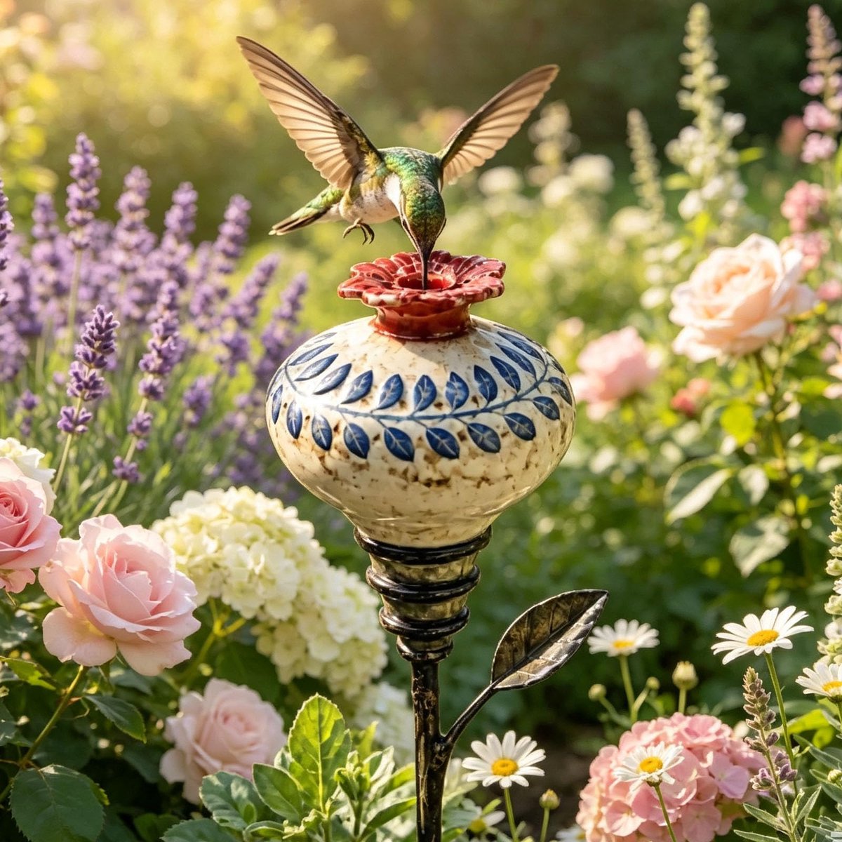 Casalora® Kolibrievoeder – Vintage Tuindecoratie met Tuinsteker – 61 cm – Harsen Bloemendecoratie – Metalen Tuinsteker – Vogelvoeder voor Buiten, Tuin en Gazon