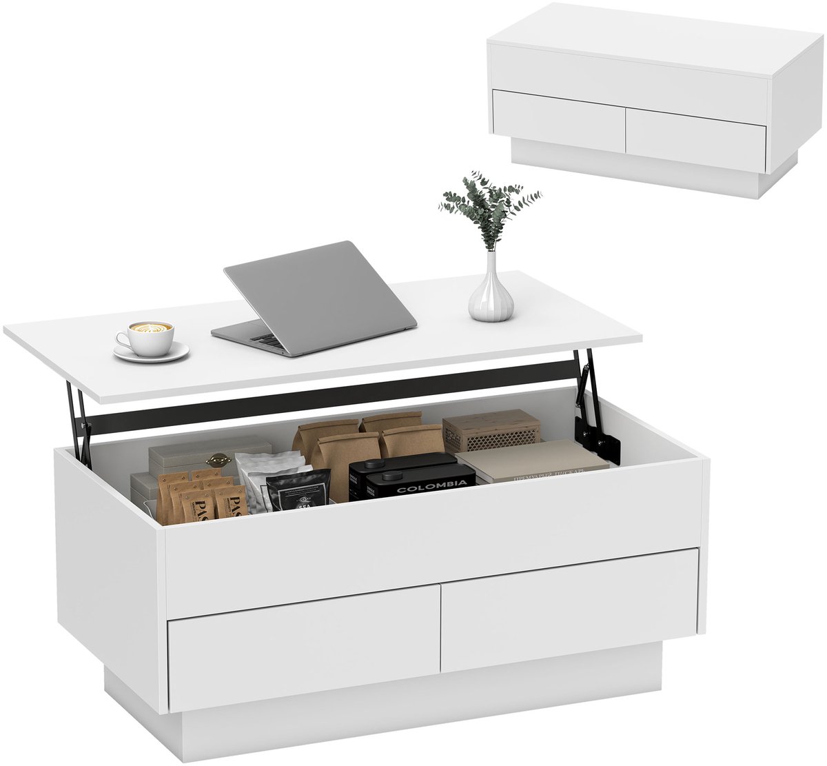 Moderne opklapbare salontafel – met verborgen vak en 2 laden – 100 x 50 x 44 cm – wit