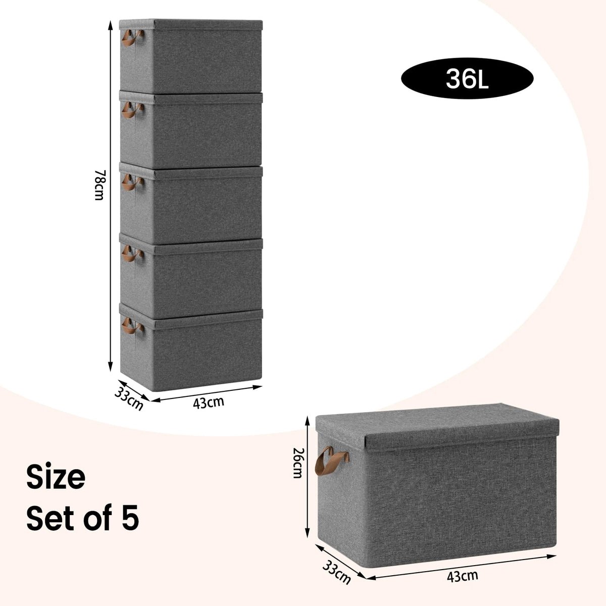 Klarven® Opbergbox Set 36l (5 stuks) - Opvouwbaar met handvaten - Ruimtebesparing voor kleding en speelgoed - 5 stuks