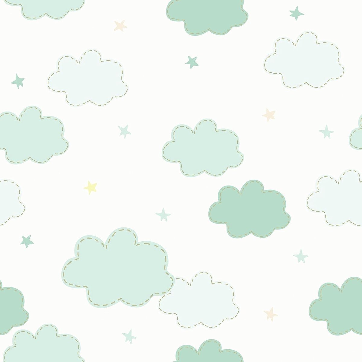 Kinderkamer Behang met Cartoon Wolkenpatroon in Groen en Wit - Plakfolie voor Creatieve Decoratie en Speelse Sfeer