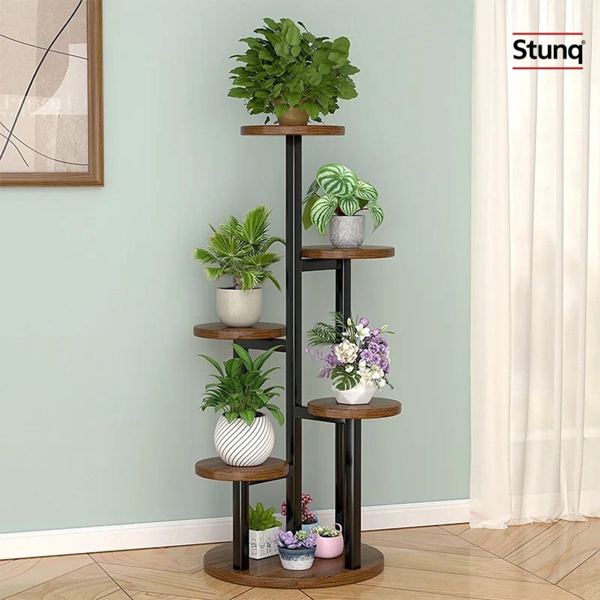 Stunq® Metalen plantenstandaard 6-laags - Zwart frame met houten planken