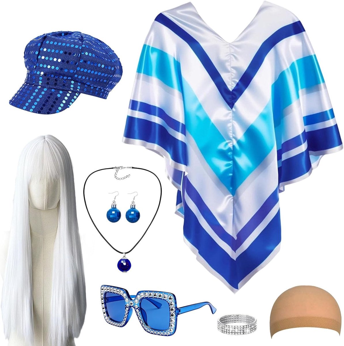 8-delige A B B A kostuumset voor vrouwen - 70s disco outfits met poncho, hoed en bril voor themafeesten