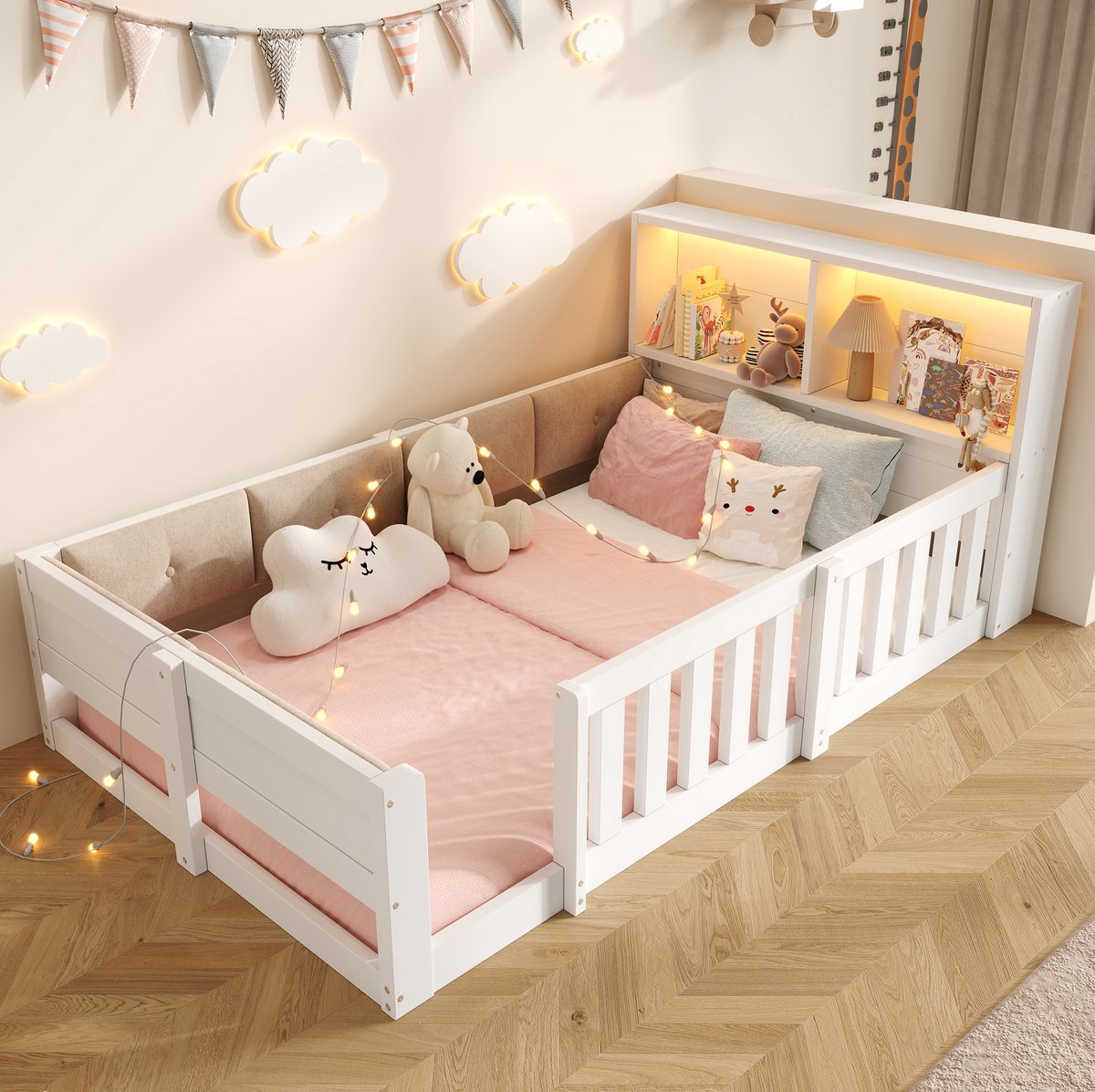 Wishdor Kinderbed 90 x 200 cm - Met uitvalbeveiliging en opbergruimte - Met LED-verlichting en zacht beklede zijkanten - Minimalistisch - Wit - 213,5 x 98 x 75 cm