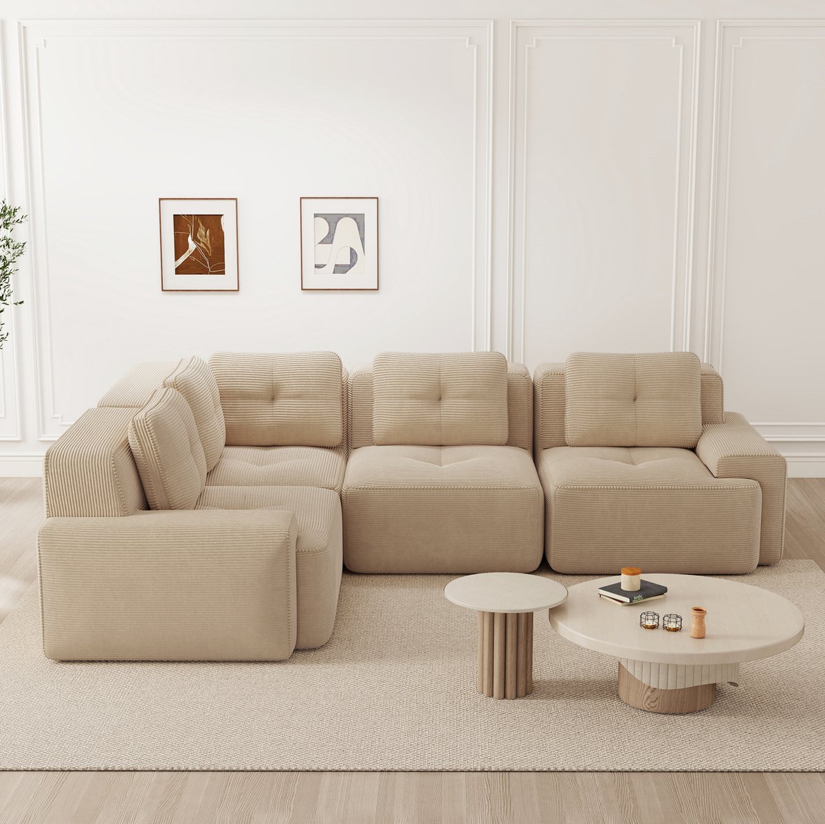 COVREO Modulaire hoekbank met brede armleuningen – 295x206x69 cm – Bank van corduroy voor 4 personen – Lage zit en antislip basis – Beige