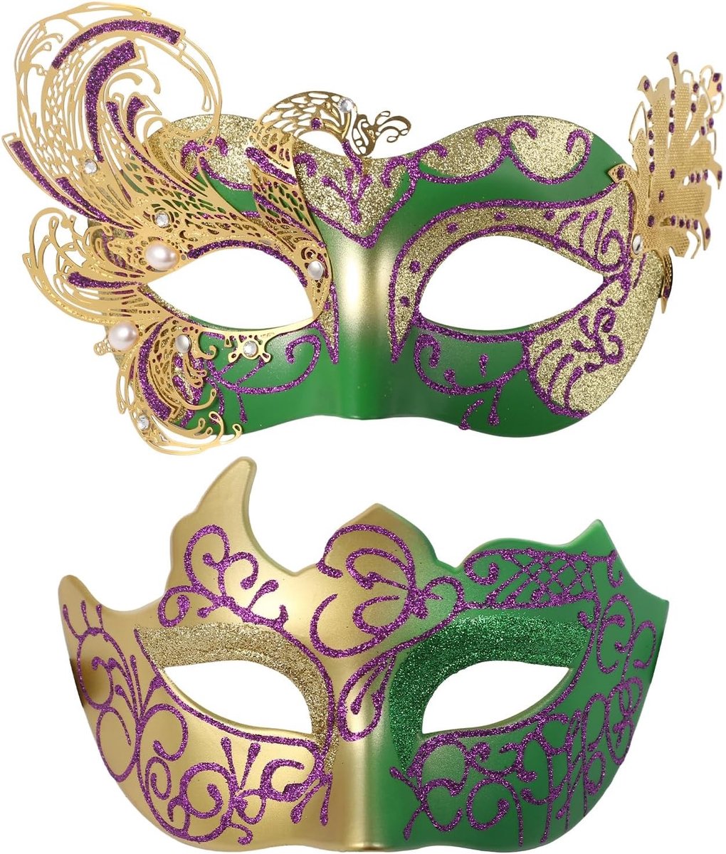Iers maskerade masker paar: 2 stuks Venetiaanse maskers in goud, groen en paars voor Pasen, Halloween en carnaval, perfect voor bruiloften en feestjes met kostuums voor hem en haar