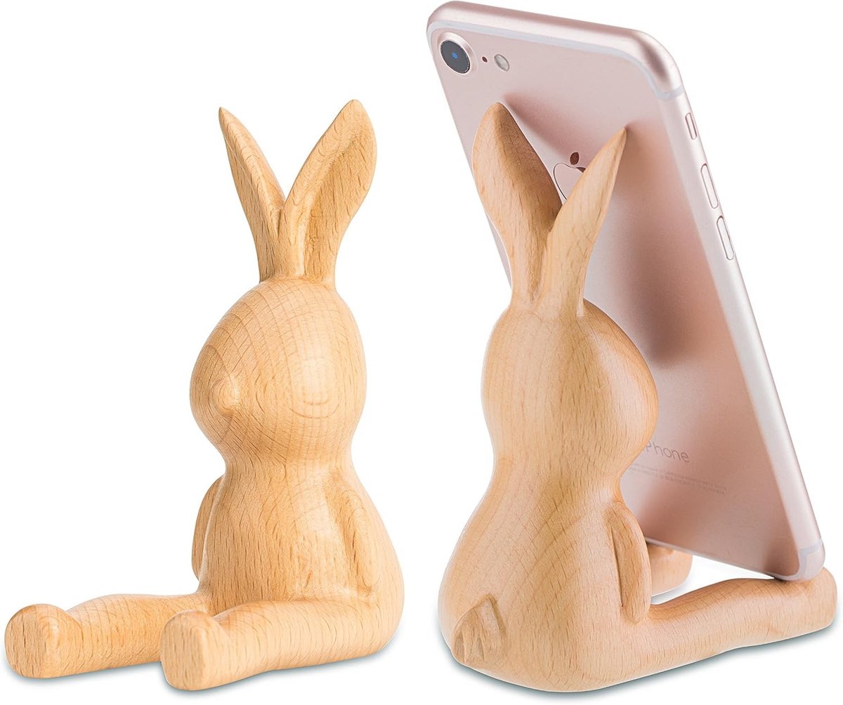 Houten telefoonstandaard in de vorm van een konijn, multifunctionele bureauaccessoire, perfect als cadeau voor Valentijnsdag, Pasen en Moederdag