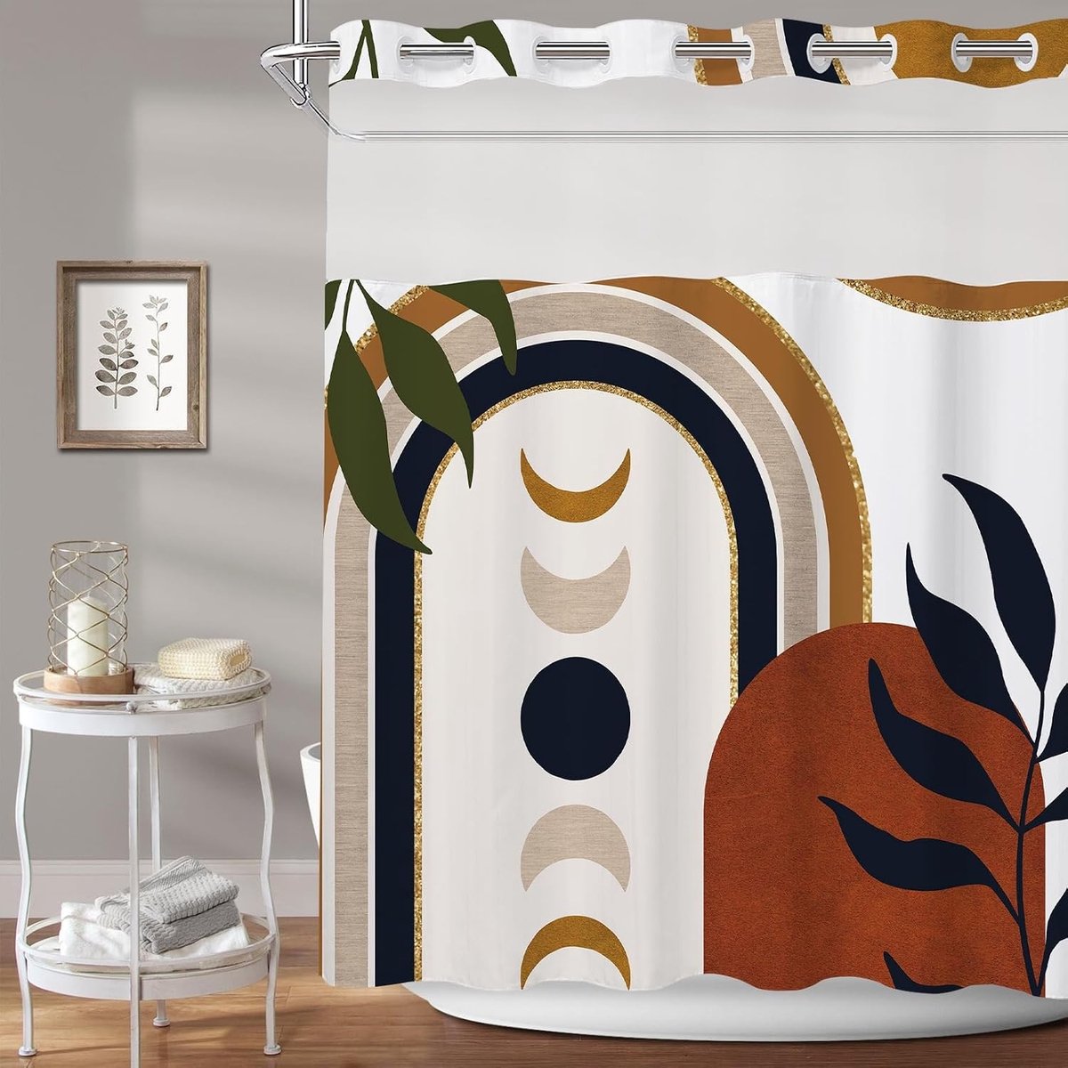 Bohemian Douchgordijn met Snap Liner, Vintage Zon en Maan Design, Waterdicht en Gewogen Onderkant, 180x180cm voor Badkamer Decoratie
