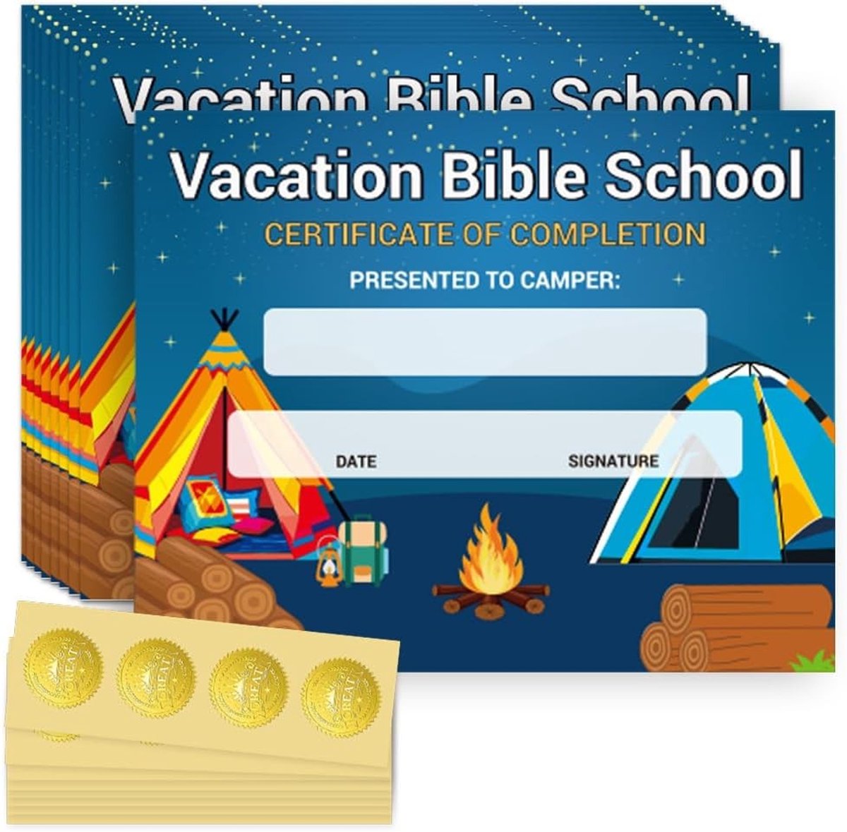 30 Stuks Certificaat van Voltooiing voor Bijbelschool met 32 Stuks Gouden Stickers, Camping en Kampdeelname Papier 20 x 25 cm