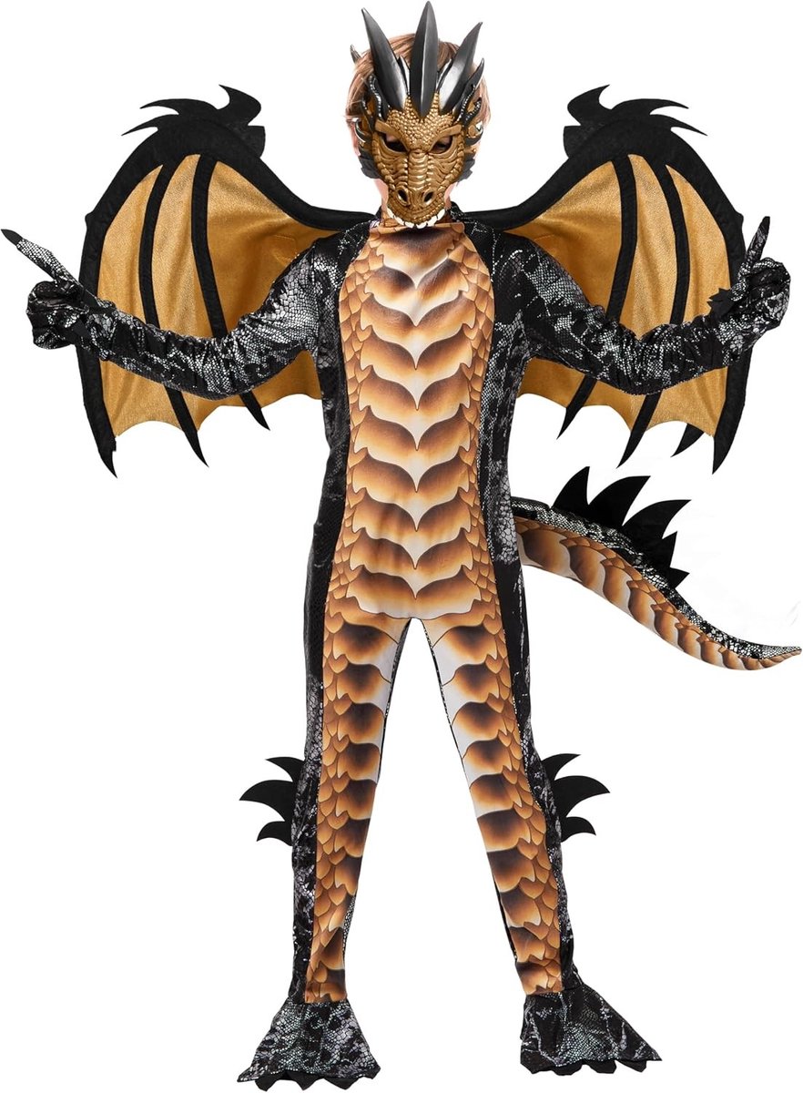 Halloween Kostuum voor Kinderen met Gouden Draak, Vleugels, Staart en Masker - Perfect voor Feestjes en Verkleedpartijen - Maat XL