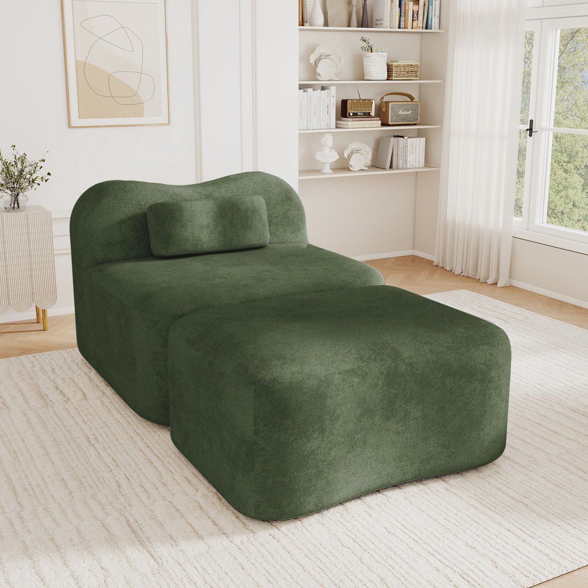 Modulaire Zonder Frame Bank Met Ottoman 1 Zitplaats 32D Schuim Wellenvorm Voor Woonkamer Appartement En Slaapkamer Velvet Groen