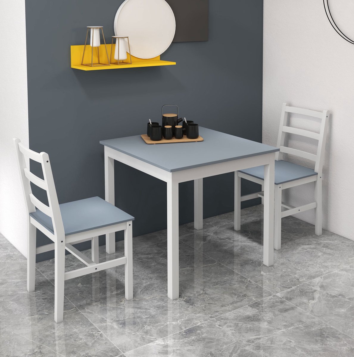 FloraGrace Set Tafel En Stoelen – 3-delige Eetgroep Voor 2 Personen – Compact En Ruimtebesparend – Voor Keuken En Woonkamer – Kiefernhout – Grijs