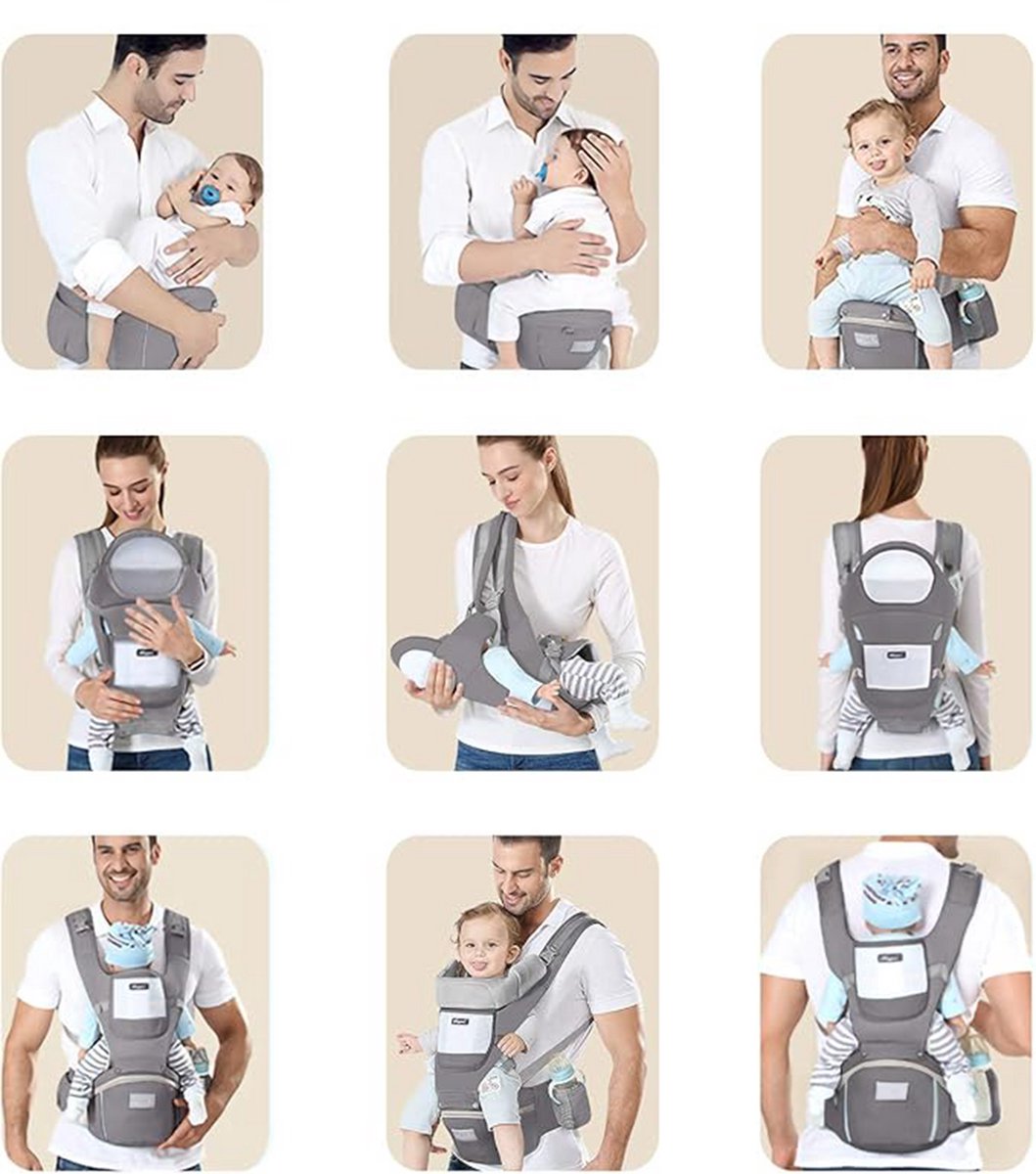Babydrager met 15 draagposities en 3 draagstanden – 21 x 20 x 25 cm – Ergonomische katoen baby carrier – Grijs