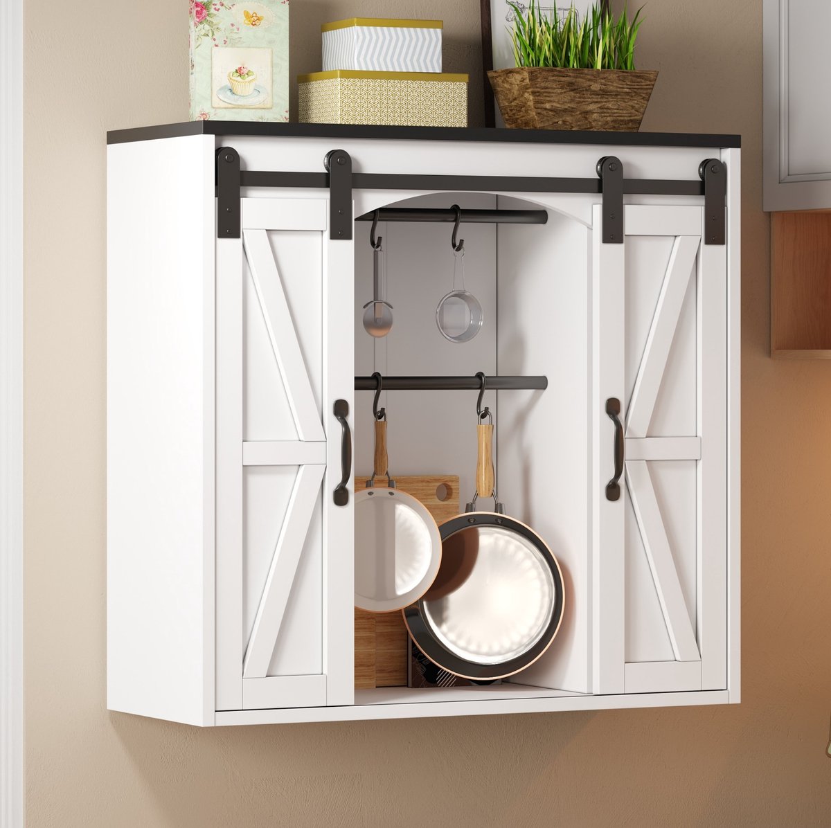 OKWISH Keukenkast Aan De Muur - Schuifdeuren Met Verstelbare Planken - Voor Keuken En Woonruimte - Wit MDF - 80 x 31 x 76 cm