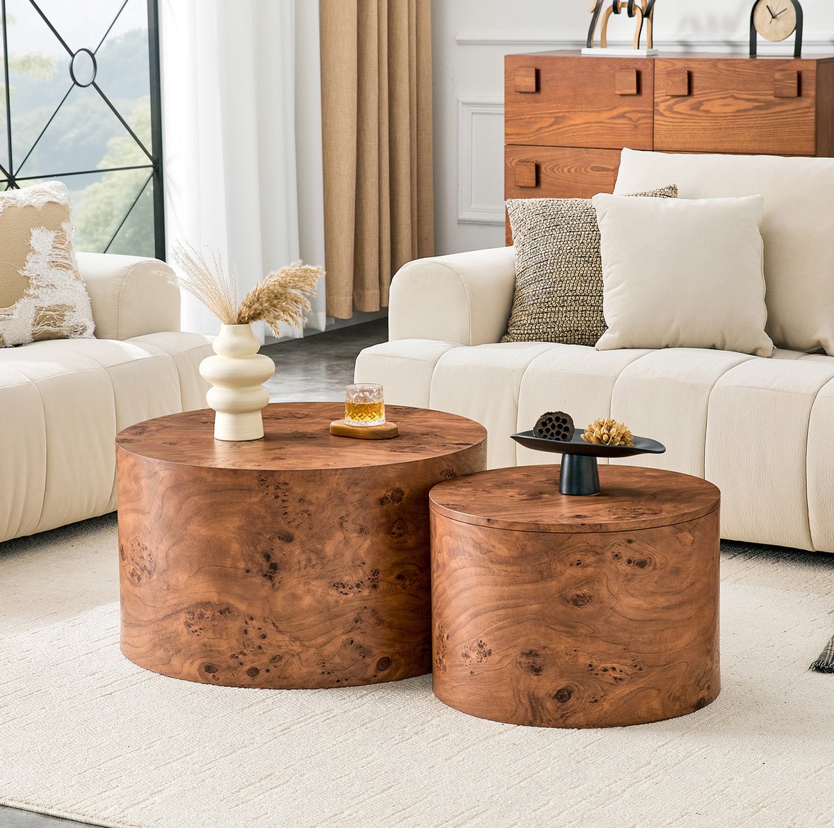 MODENUIT Salontafel Set van 2 - Ronde Nesting Tafel Met Opbergruimte - Woonkamer - MDF - Bruin - 62,8 Cm