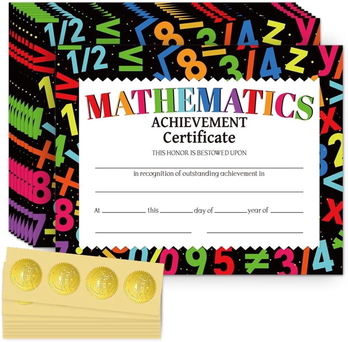 30 Stuks Wiskunde Prestaties Certificaat Papier voor Leerlingen met 32 Gouden Stickers, Erkenningscertificaat voor Basisschool en Kleuterschool