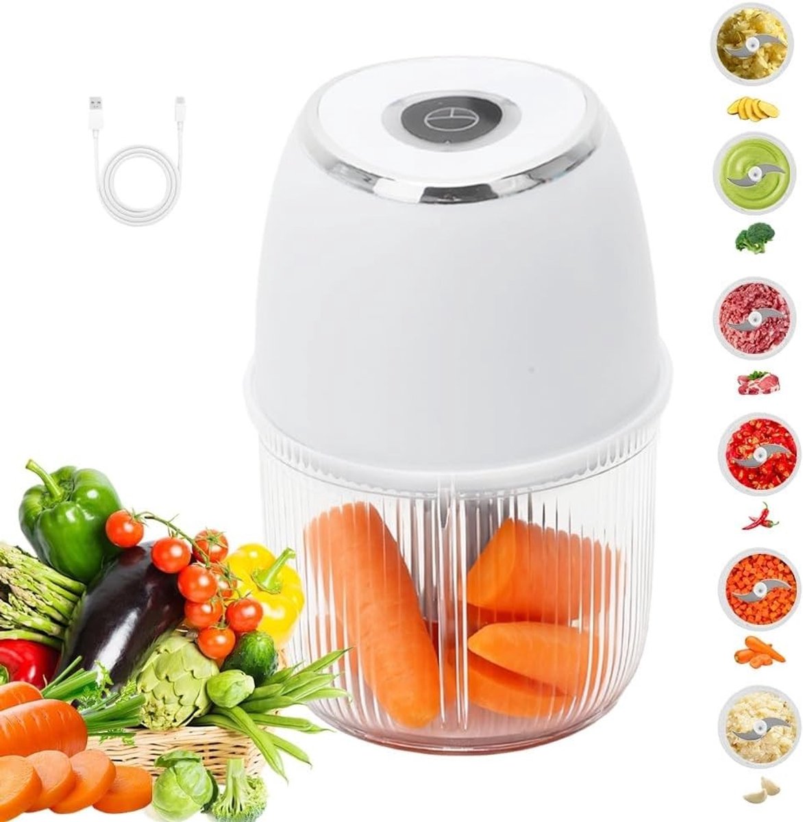Draadloze Mini Hakker 350ml met 6 RVS Messen - Handige Hakmachine voor Uien, Groenten, Fruit en Vlees